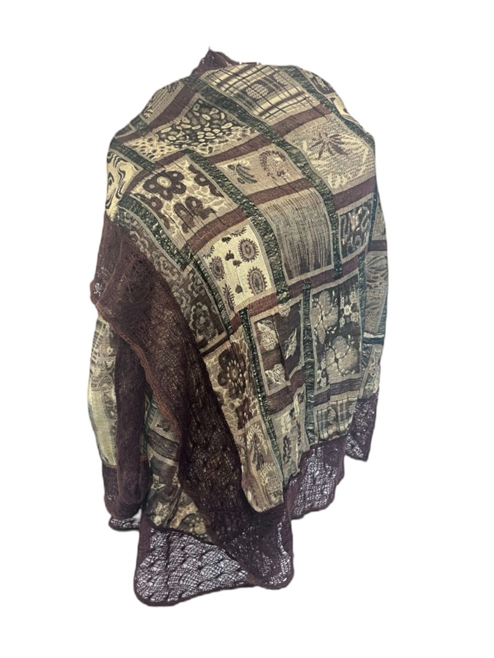 Vintage Patchwork Brown Green Cream Mohair Blend Crochet Trim Shawl Scarf Wrap